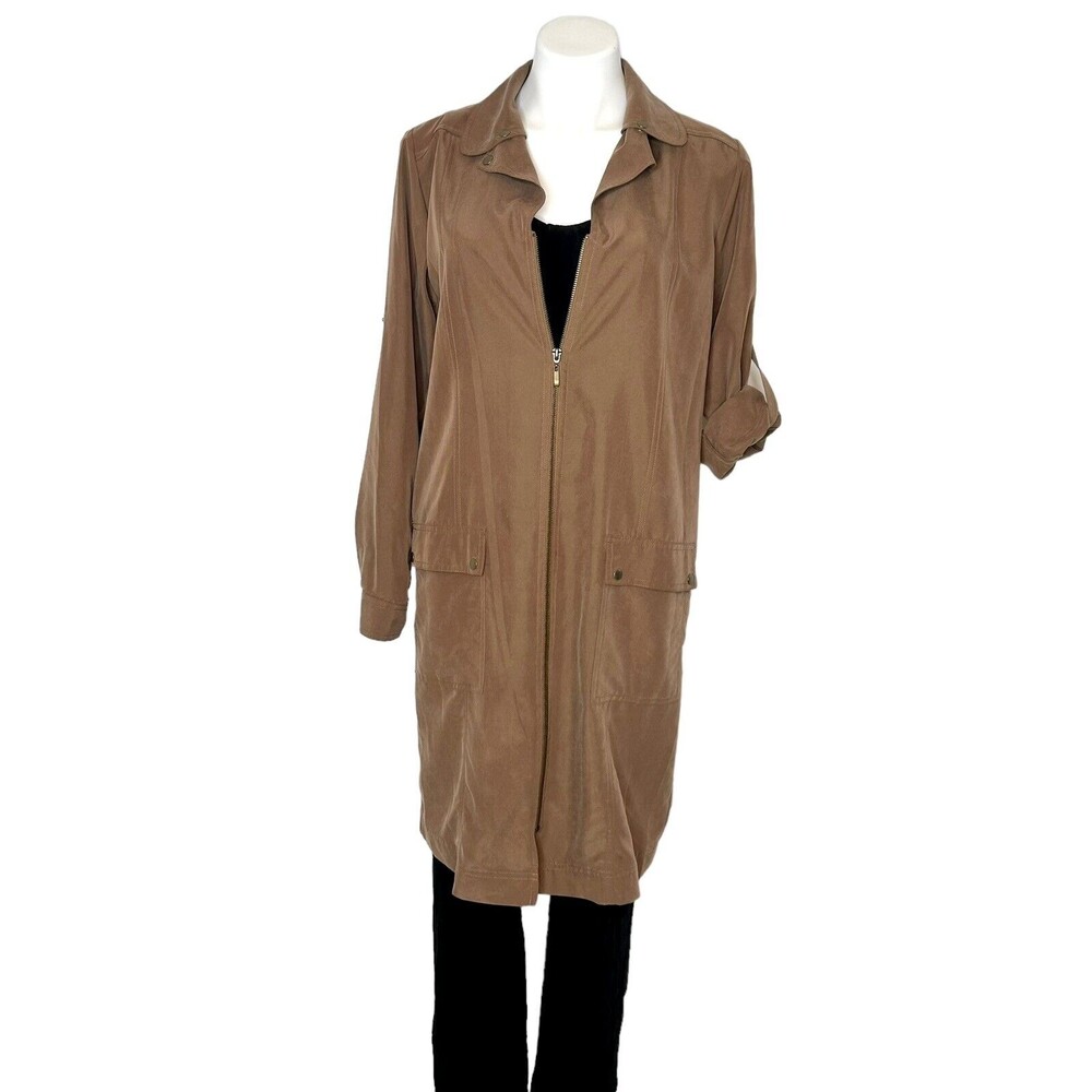 ELLEN TRACY Long Roll Tab Zip Tunic Jacket Size M Taupe Brown Duster Lightweight - Picture 5 of 9